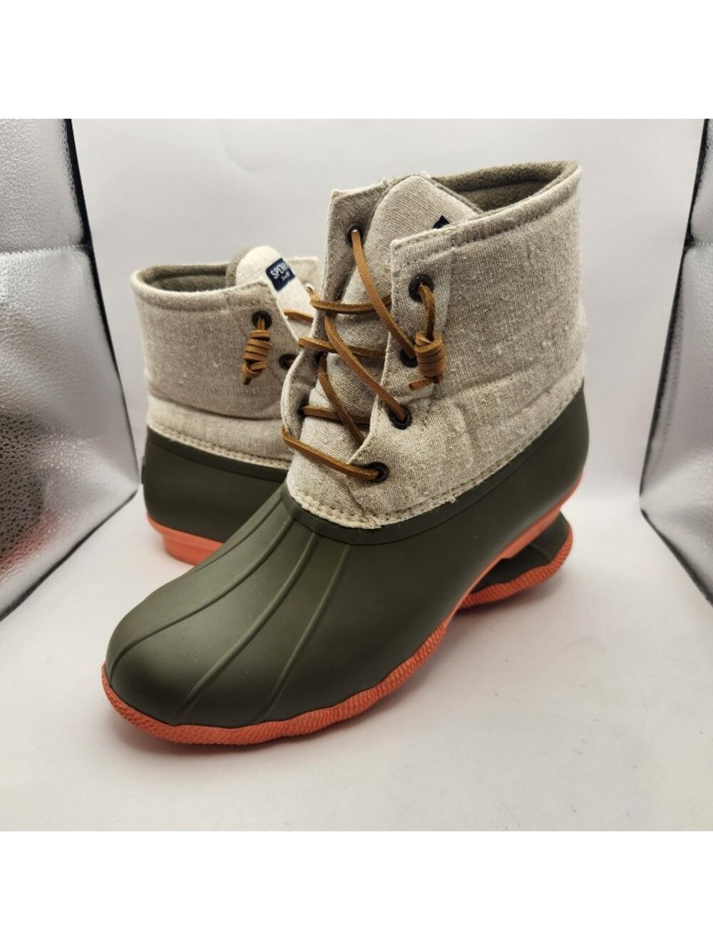 Sperry Topsider Saltwater Duck Boot Winter Shoe Rain Gray & Olive Green Side Zip